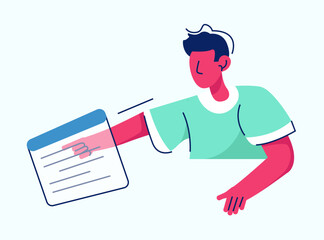 Programmer at work process vector illustration. With laptop flat style concept. Specialist coding new project using computer. Software coding testing debugging