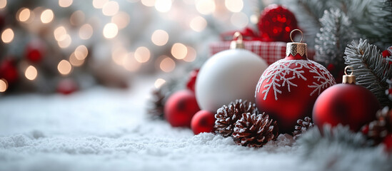 Wall Mural - christmas white, red decoration and spruce tree close up, bokeh lights background. merry christmas a