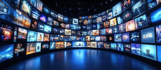 A large curved wall of screens displaying various television program introductions