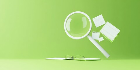 Poster - A magnifying glass over books and documents on a green background, symbolizing research and analysis.