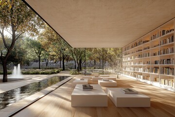 Aufkleber - Modern reading space with bookshelves and natural light, surrounded by greenery.