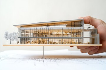 Poster - A hand holds a detailed architectural model of a modern building, showcasing its design.
