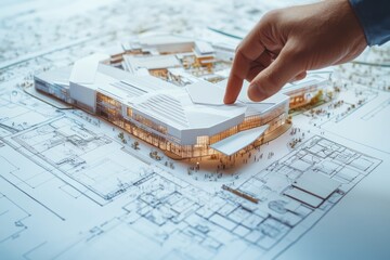 Poster - A hand interacts with a detailed architectural model on a blueprint layout.