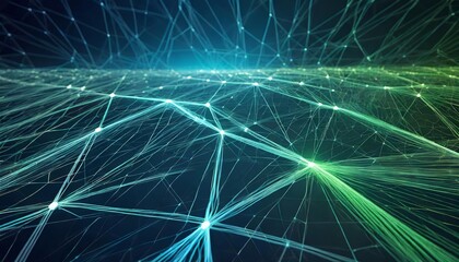 Dynamic blue and green network lines intertwine, forming a futuristic digital landscape that evokes innovation, connectivity, and cutting-edge technology in this visually striking image.
