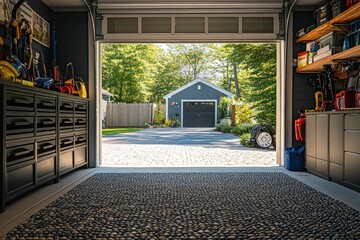 Aufkleber - A spacious garage view showcasing tools and a serene outdoor setting.