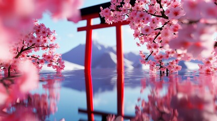 Wall Mural - Japanese torii gate reflected in still water, with cherry blossoms in soft pink