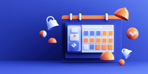 Aufkleber - A 3D illustration of a calendar interface with interactive icons and shapes.