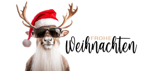 Wall Mural - frohe weihnachten urlaub winter grußkarte mit deutschem text - cooles rentier hirsch mit weihnachtsm