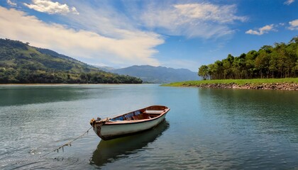 Naklejka na meble Serene view of a boat gently floating on a tranquil lake surrounded by lush greenery, reflecting soft sunlight under a peaceful skyâ€”a timeless scene of natures beauty and calm.