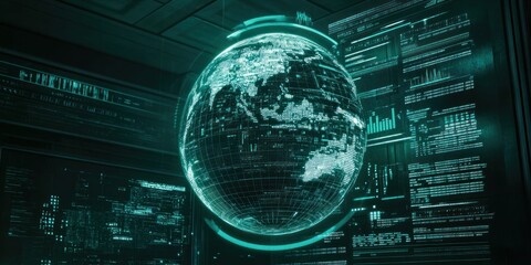 Poster - A futuristic globe surrounded by data displays, suggesting a focus on technology and information.
