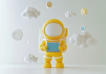 Poster - A yellow astronaut figure holds a tablet amidst floating clouds and icons.