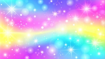 Holographic pastel color, galaxy fantasy background. The Pastel sky with a rainbow for unicorns. Glitter's rainbow sky. Rainbow unicorn fantasy background with stars and sparkles