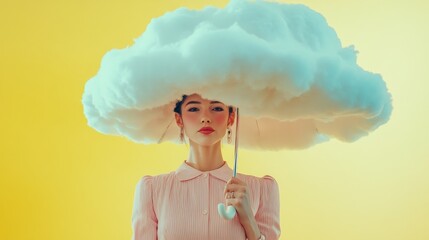 A woman in vintage attire holds an umbrella with a cloud hat, set against a vibrant yellow background. Surreal and imaginative.