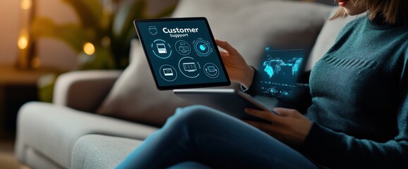 Fototapete - A person using a laptop displaying customer support graphics in a cozy setting.