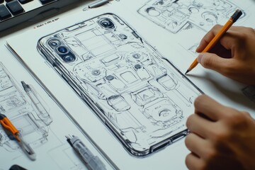 Poster - A sketch of a smartphone design with detailed components and a hand drawing.