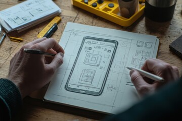 Poster - A person sketches a smartphone design on paper, surrounded by tools and notes.
