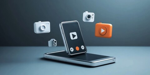 Poster - A smartphone with video and camera icons, symbolizing multimedia content creation.