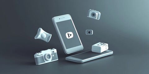 Aufkleber - A collection of digital media devices and accessories floating around a smartphone.