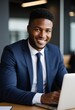 © Pixel Diversity - Professional businessman, smiling, modern office setting, blue suit, white shirt, tie, confident, natural light, corporate environment, business portrait, focus on face.