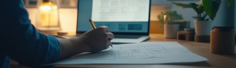 Poster - A person sketches plans on paper beside a laptop in a cozy workspace.