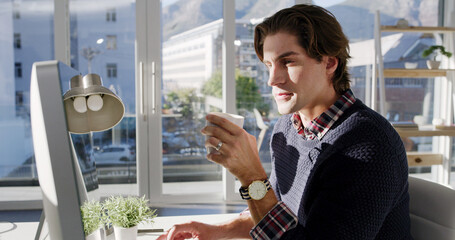 Leinwandbilder - Coffee, web design or man on computer for reading research, creative website or digital footprint. Front end, beverage and developer drinking by pc for online project, system or domain registration