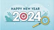 © Tekin - Happy new year 2024 with business concept banner. The big white 2024 year number with Target icon inside the golden magnifying glass on light blue background. Planning for goal and success concepts.