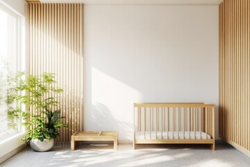 Poster - A serene nursery featuring a wooden crib, bench, and indoor plant by a large window.