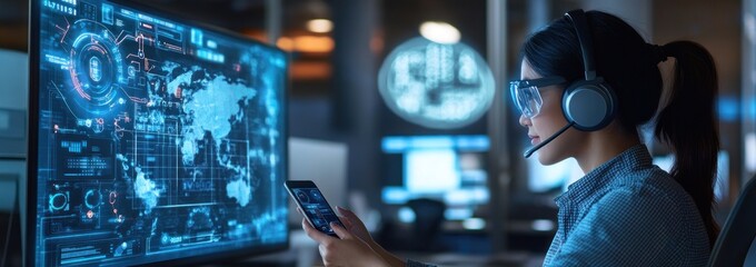 Poster - A person using a smartphone while wearing a headset, engaged with a digital interface.