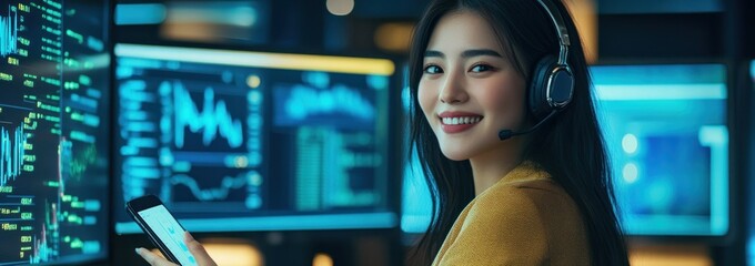 Poster - A woman in a headset smiles while working with data on multiple screens.