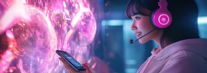 Poster - A young woman wearing a headset interacts with a glowing digital interface on her phone.