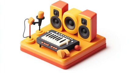 Aufkleber - A vibrant 3D illustration of music equipment including speakers, a keyboard, and microphones.