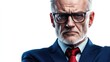 © Giovanni - Confident older businessman with gray hair and glasses, wearing a navy suit and red tie, set against a bright white background.