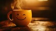 © Giovanni - Cheerful yellow coffee cup with a smiling face, steam rising, on a rustic table, creating a warm morning vibe with space for motivational text.