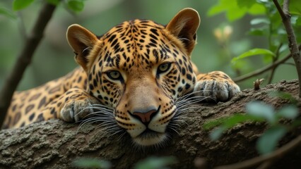 Sticker -  a jaguar resting on a tree branch in the jungle, surrounded by lush green leaves The background is slightly blurred, giving the image a dreamy feel