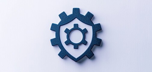 Poster - anti tracking settings concept. A blue gear integrated with a shield symbolizes security and technology, representing protection in mechanical systems or digital environments.