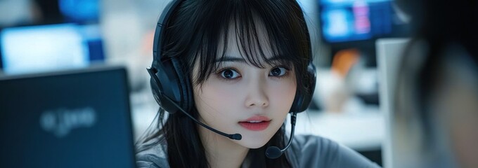 Poster - A young woman wearing a headset, focused on her work in a digital environment.