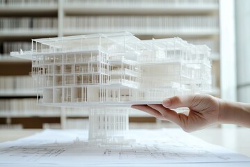 Poster - A hand holds a detailed architectural model above blueprints in a design studio.