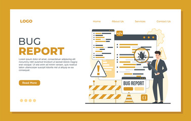 Bug report landing page template magnifier bug Bug Tracking Tool Protection from Computer Viruses in a Website Security Software tester concept illustration