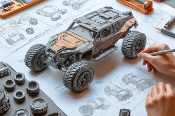 Aufkleber - A detailed model of an off-road vehicle surrounded by design sketches and tools.