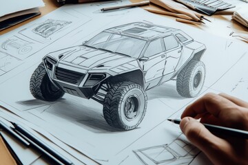 Fototapete - A hand sketches a futuristic off-road vehicle design on paper with various drawing tools nearby.