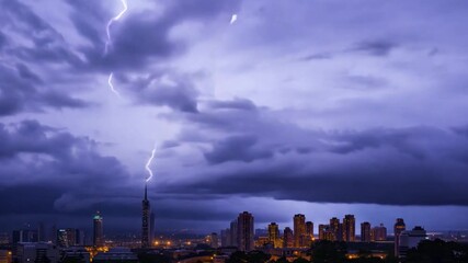 Aufkleber - Bright lightning bolts illuminate the sky above a bustling urban skyline during twilight, setting a dramatic scene filled with dark clouds.