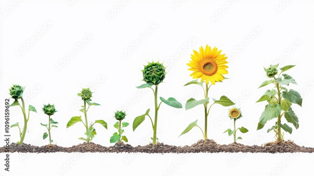 Sunflower plant lifecycle illustrated from seedling to full bloom ...