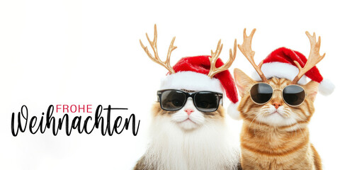 Wall Mural - frohe weihnachten urlaub winter grußkarte mit deutschem text - zwei süße coole katzen mit weihnachts