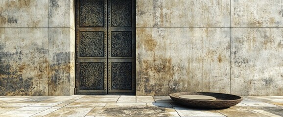 Leinwandbilder - A textured wall with an ornate door and a shallow bowl on the ground.