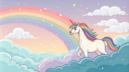 Wall Mural - Holographic fantasy rainbow unicorn background with clouds. Pastel color sky. Magical landscape, abstract fabulous pattern. Pastel clouds with rainbow, Holographic fantasy rainbow unicorn background