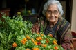 © Milaballe - Elderly woman joyfully gardening among vibrant flowers and lush foliage