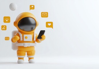 Poster - A cheerful yellow astronaut holds a smartphone with floating communication icons.