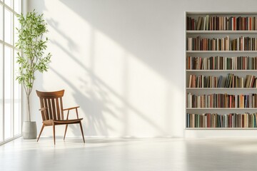 Aufkleber - A serene interior featuring a chair, plant, and bookshelves, perfect for reading or relaxation.
