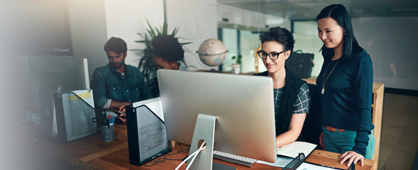 Poster - Computer, programming or web development with business people in office for project management. Collaboration, creative and discussion with developer team in workplace for IT support or solution