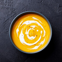 Wall Mural - Butternut squash soup with cream in black bowl. Dark background. Close up. Top view.